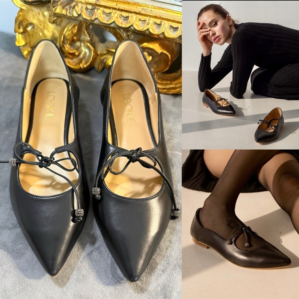 Lookie Handcrafted Elegant Black Leather Loafers with Beaded Bow Accent